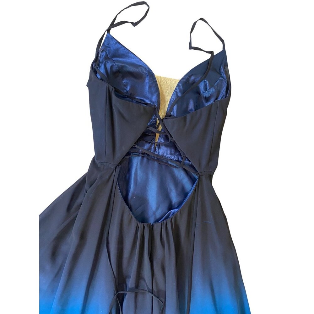 Betsy & Adam Formal Maxi Dress Ombre Blue & Black Chiffon Lace up Open Back Sz 6 - Picture 6 of 15